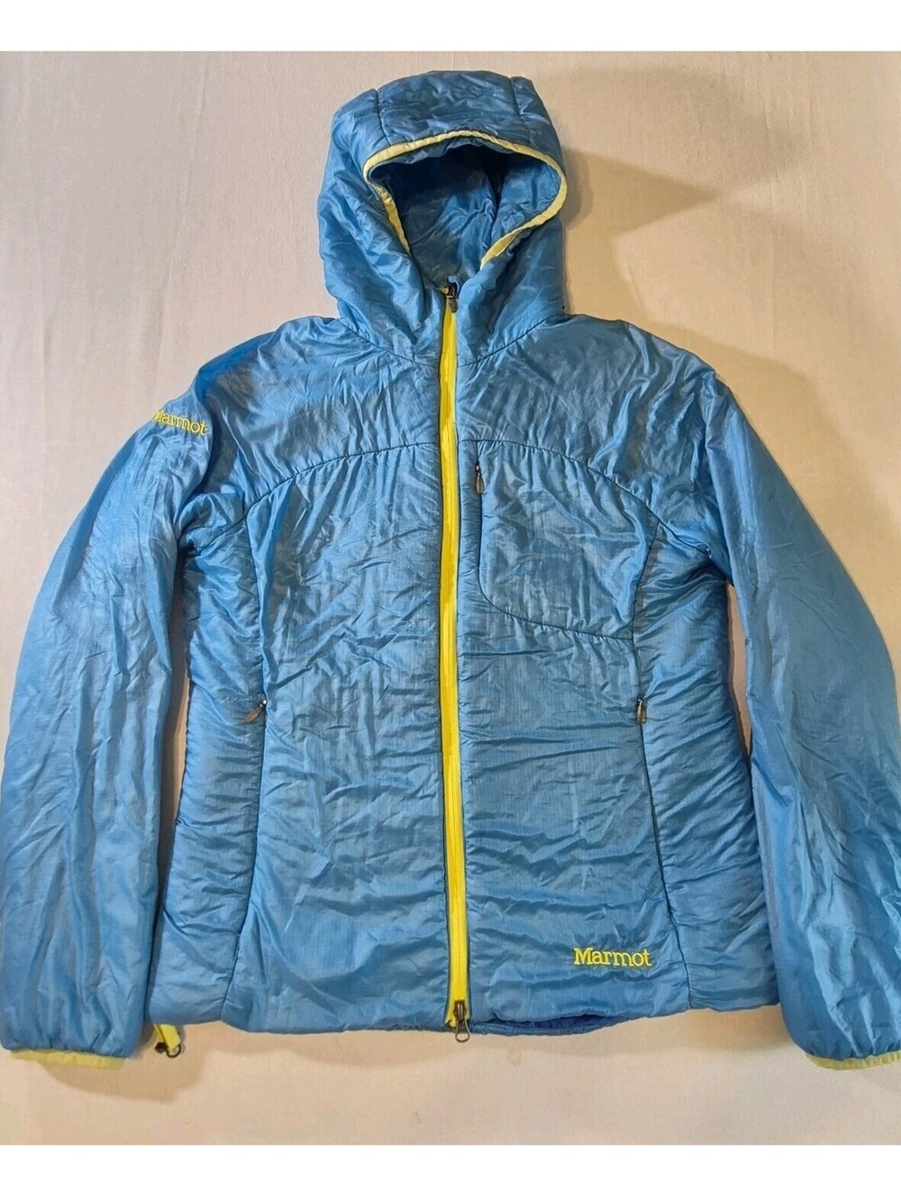 Marmot Dena Women's Jacket Sz L Hooded Inside Pocket Blue Yellow Soft Shell